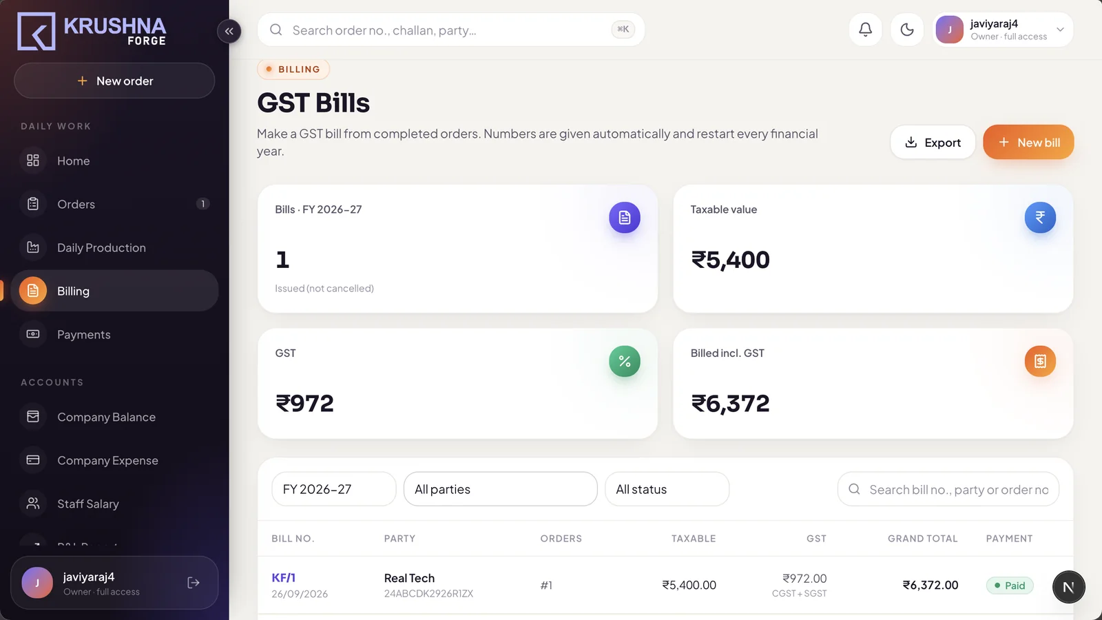 GST bills made from completed orders
