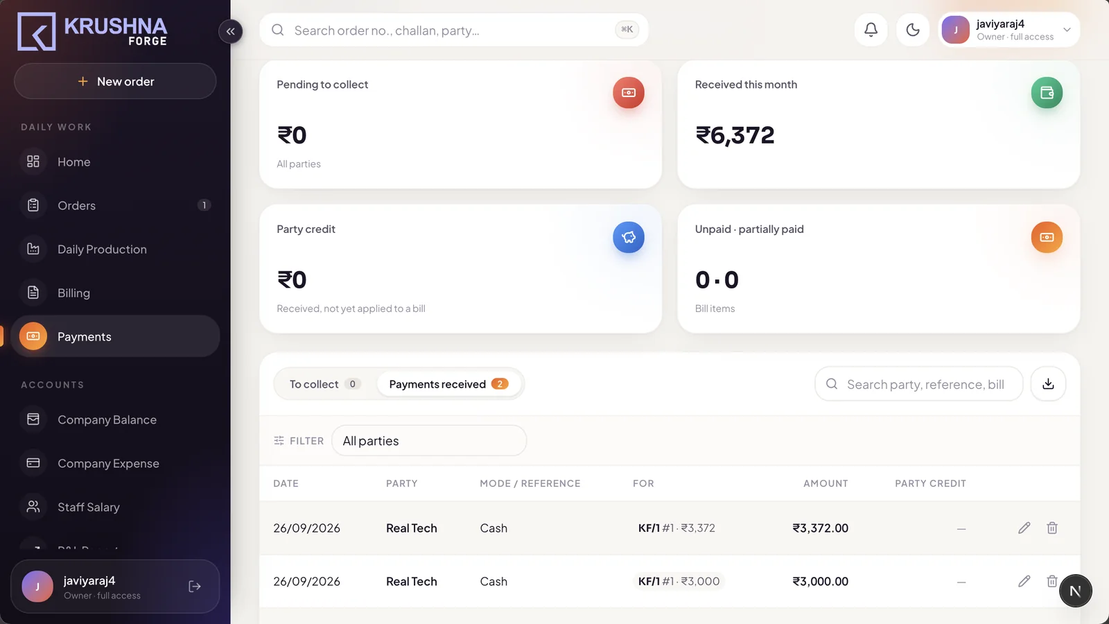 Payments received against bills