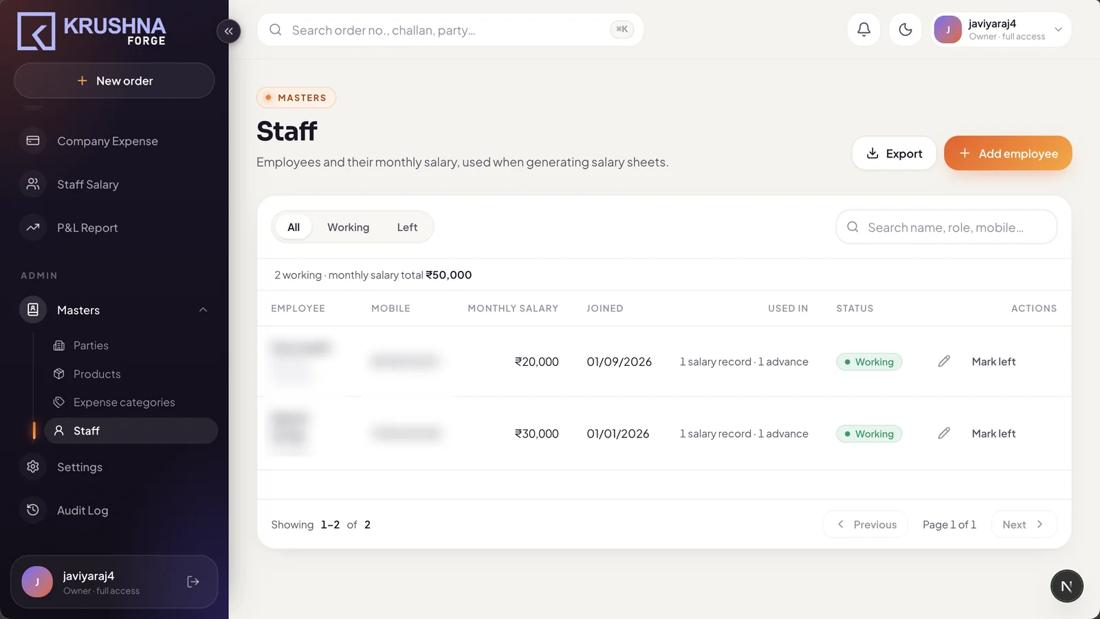 Staff and monthly salary